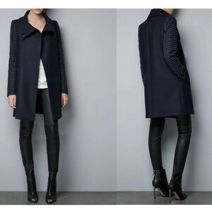 ZARA RARE COAT NAVY BLUE STUDDED APPLIQUE SLEEVE WOOL WINTER BLAZER JACKET Sz S
